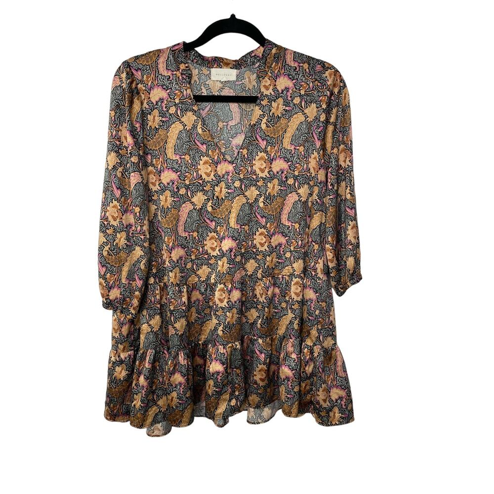 Melloday Tunic Top Dress Floral Tiered V-Neck Boho Peasant Dark Cottagecore M